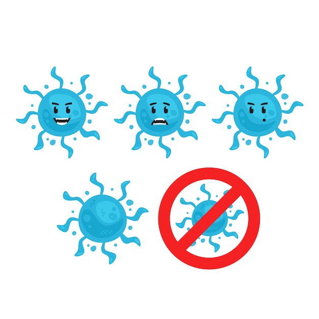 Le Microbe De La Bactérie Du Virus Bleu Avec L'ensemble De Mascottes De Caractères Tentacules Comprend Un Signe Rouge Sans Signe