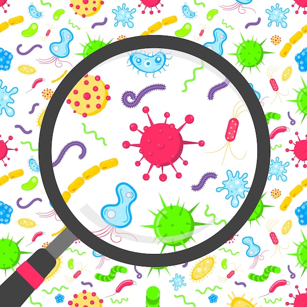 Microbes Et Bactéries Dans Le Cercle Loupe Illustration Vectorielle De Style Plat Design