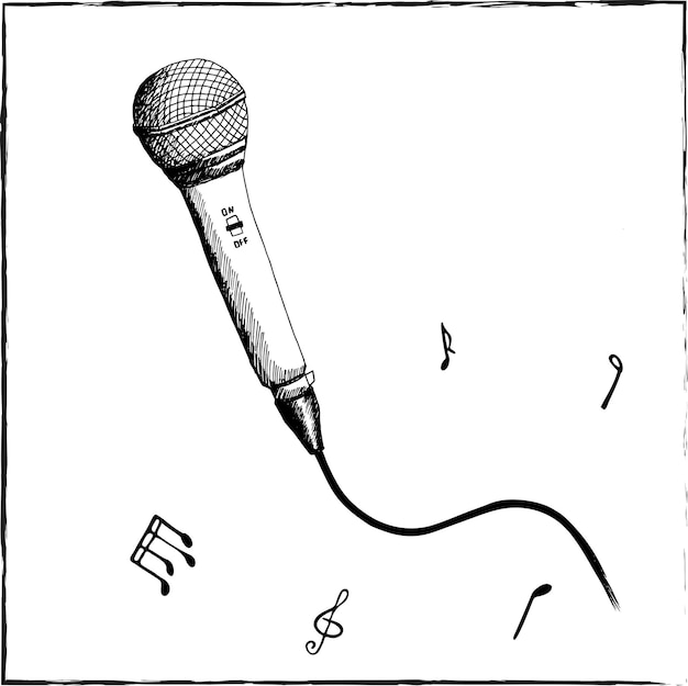 Microphone Dessiné à La Main Avec Cordon. Illustration Graphique Au Crayon. Vecteur. Modifiable.