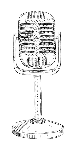 Microphone En Métal Sur Un Support Vue De Face Vintage Vector Illustration De Gravure Noire