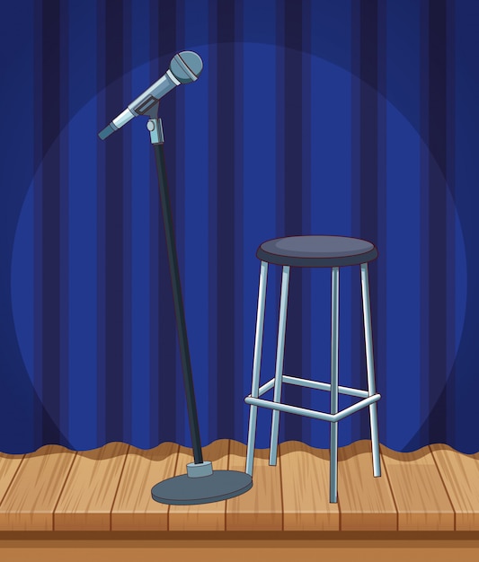 Vecteur microphone tabouret rideau scène stand up comedy show