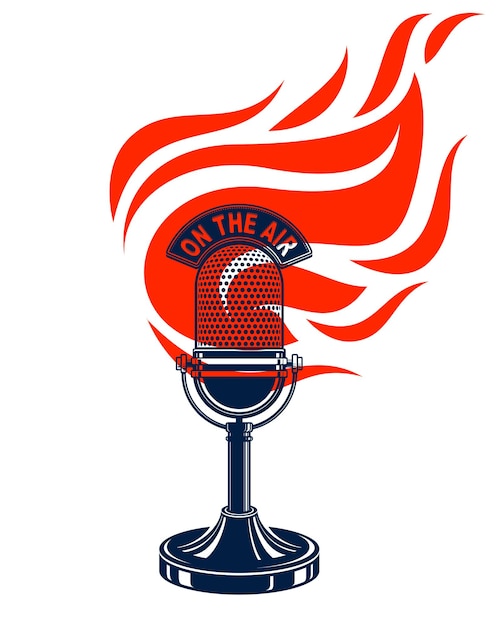 Microphone Vintage En Feu, Micro Chaud En Flammes, Musique D'enregistrement En Studio, Frappe à L'air Libre, Logo Vectoriel Ou Illustration, Traduction Radio En Direct, Comédie Stand-up, Impression De T-shirt.