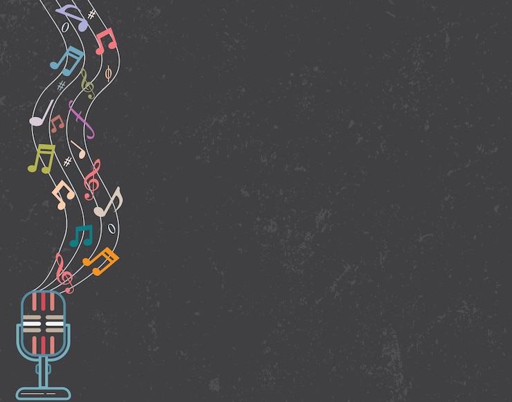 Vecteur microphone vintage avec des notes de musique en arrière-plan rétro