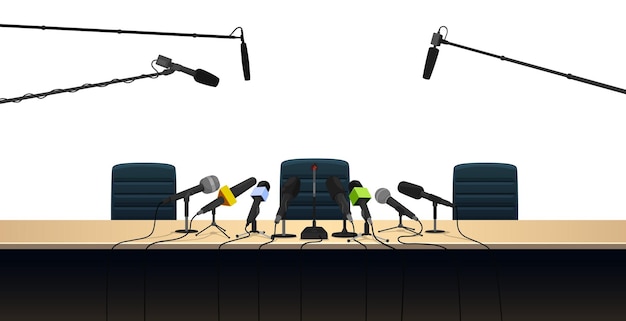 Microphones et table d'interview de conférence de presse avec chaise événement médiatique vectoriel Conférence de presse de dessin animé ou salle de presse avec micros de journaliste pour un rapport d'interview ou un débat politique