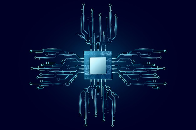 Une micropuce bleue lumineuse connectée à un réseau de circuits futuristes sur un fond sombre