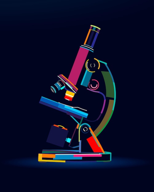 Vecteur microscope abstrait instrument de grossissement pharmaceutique biologique à partir de peintures multicolores