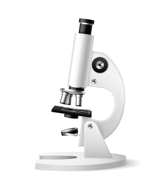 Microscope réaliste. Appareil de recherche scientifique d'équipement blanc optique de laboratoire 3D, analyse microbiologique, zoom multiple, vecteur d'outil grossissant isolé sur fond blanc illustration unique