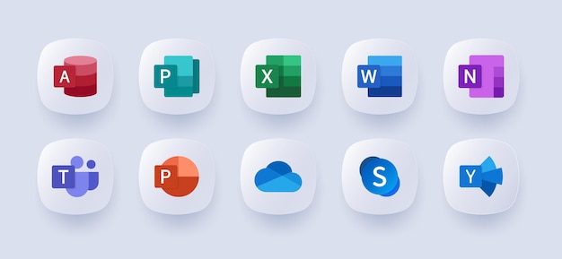Microsoft Office 365 Excel PowerPoint Publisher Sway Outlook SharePoint Access Exchange Word Yammer OneDrive Teams Skype OneNote Windows 11 Neomorphisme Illustration vectorielle rédactionnelle Elle est également disponible sous la forme d'une vidéo.