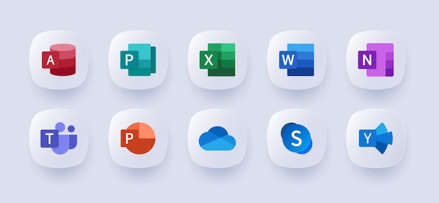 Vecteur microsoft office 365 excel powerpoint publisher sway outlook sharepoint access exchange word yammer onedrive teams skype onenote windows 11 neomorphisme illustration vectorielle rédactionnelle elle est également disponible sous la forme d'une vidéo.