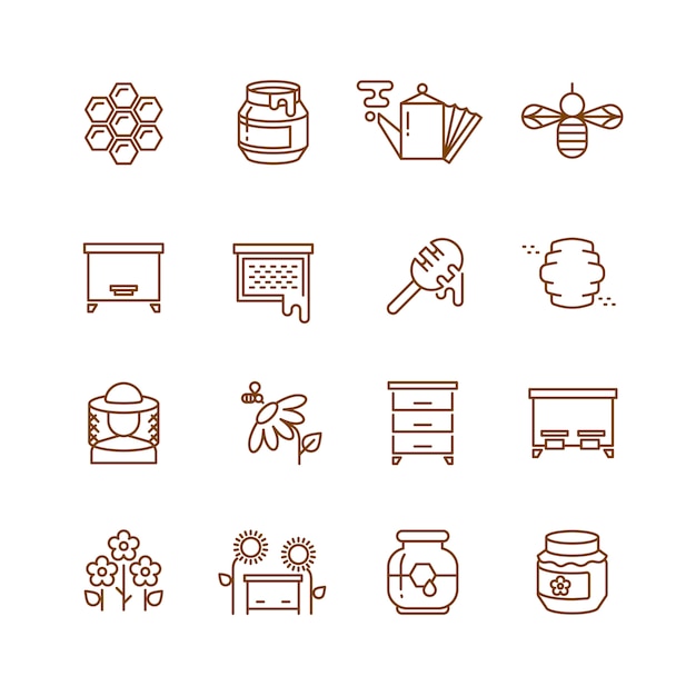 Miel, Abeille, Apiculture Fine Ligne Vector Icons Set