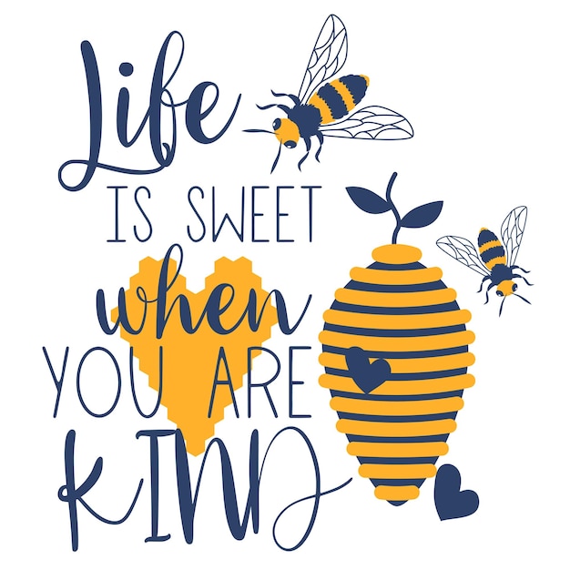 Vecteur miel et abeille phrase de lettrage de motivation dessinée à la main dans un style de calligraphie moderne slogan d'inspiration