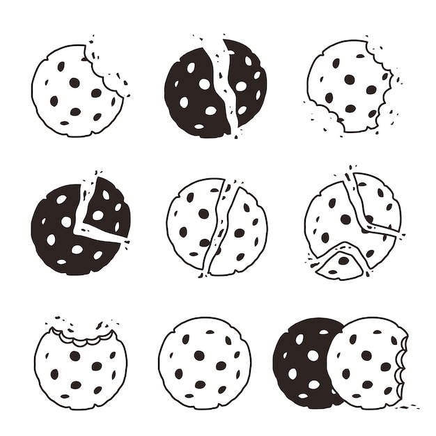 Vecteur miettes de biscuits mordus. snack délicieux biscuits vecteur symbole de nourriture dessert stylisé. biscuit au chocolat, dessert de bouchée de boulangerie, illustration blanche noire faite maison de pâtisserie