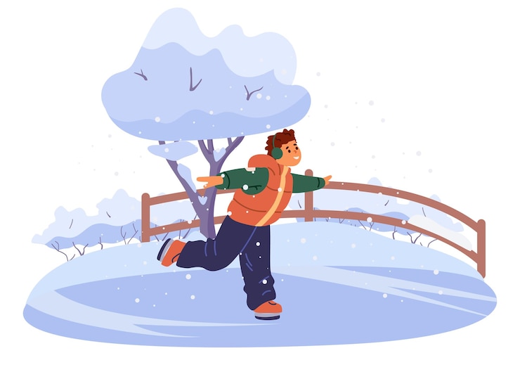 Vecteur un mignon adolescent en sous-vêtements patine sur glace sur une patinoire en plein air.