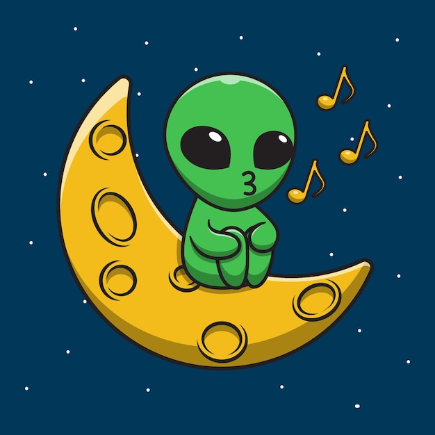 Mignon, Alien, Chant, Sur, Lune, Dessin Animé, Illustration