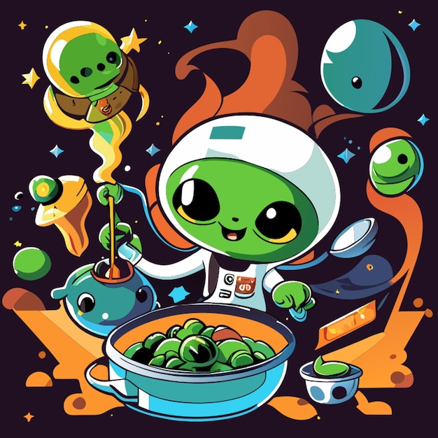 Vecteur mignon alien cuisiner et mélanger des délices spatiales inhabituelles dans son illustration vectorielle de pot volant