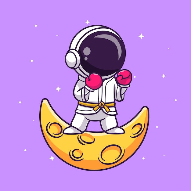 Mignon, Astronaute, Boxe, Sur, Lune, Dessin Animé, Vecteur, Icône, Illustration, Science, Sport, Icône, Concept, Isolé