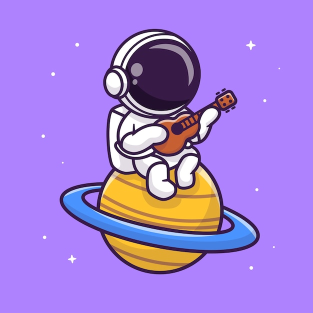 Vecteur mignon, astronaute, jouer guitare, sur, planète, dessin animé, vecteur, icône, illustration, science, musique, icône, concept