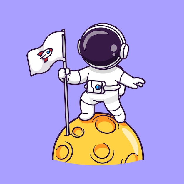 Mignon, Astronaute, Tenue, Drapeau, Sur, Lune, Dessin Animé, Vecteur, Icône, Illustration, Science, Technologie, Icône