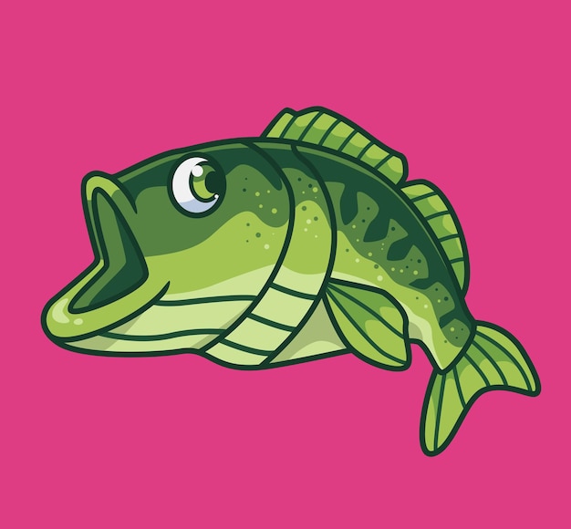 Mignon Bass Poisson Vert Isolé Dessin Animé Animal Illustration Style Plat Autocollant Icône Design Premium