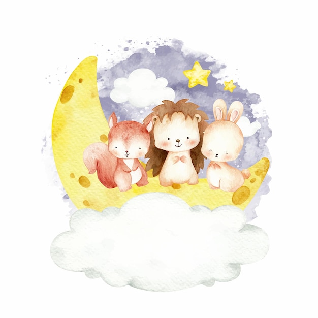 Mignon Bébé Animaux Assis Sur L & # 39; Illustration Aquarelle De Lune