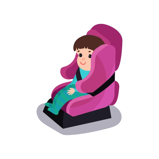 Vecteur mignon bébé assis sur un siège de voiture rose portant la ceinture de sécurité, illustration de vecteur de dessin animé voyage enfant en toute sécurité isolé sur fond blanc