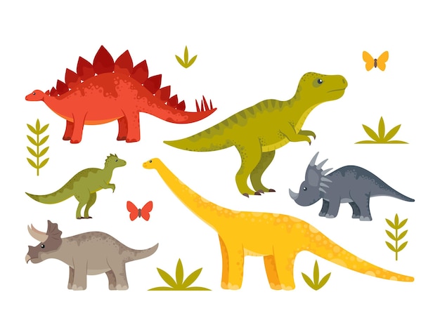 Mignon Bébé Dinosaures, Dragons Et Jeu De Personnages Drôles De Dino. Animaux Sauvages Heureux Préhistoriques Colorés Fantaisie Isolés