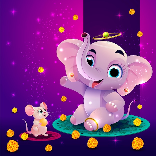 Le mignon bébé Ganesh avec le mignon souris rose s'amusant avec des fleurs vectorielles Arrière-plan