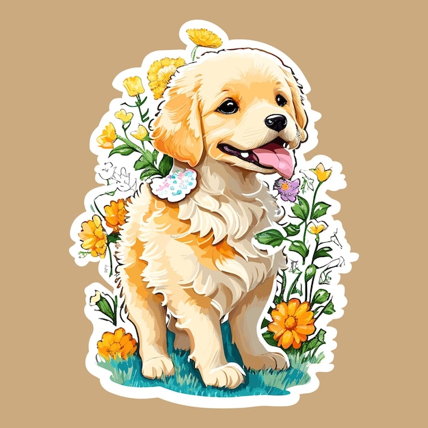 Mignon Bébé Golden Retriever Chien Autocollant Art Illustration Conception Vectorielle