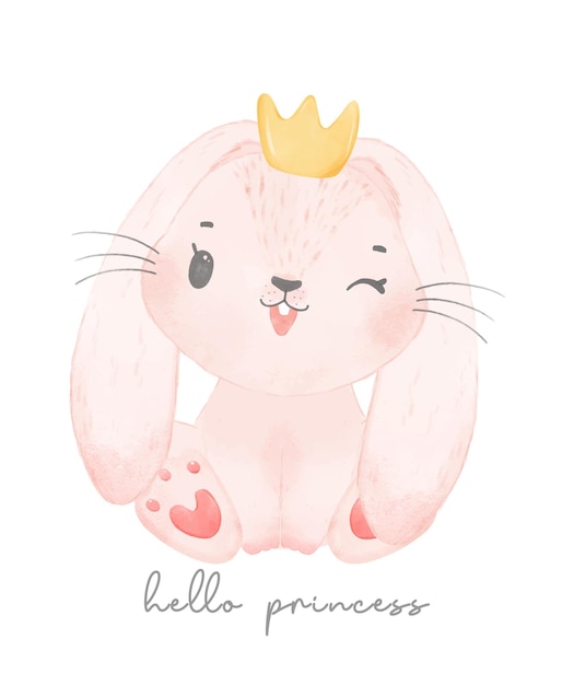 Mignon bébé lapin porte couronne bonjour princesse aquarelle faune pépinière animal vecteur dessiné à la main