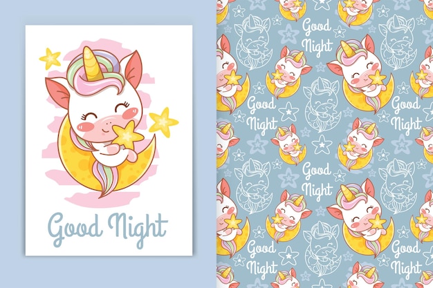 Mignon Bébé Licorne Avec Illustration De Dessin Animé Lune Et Petite étoile Et Ensemble De Motifs Harmonieux