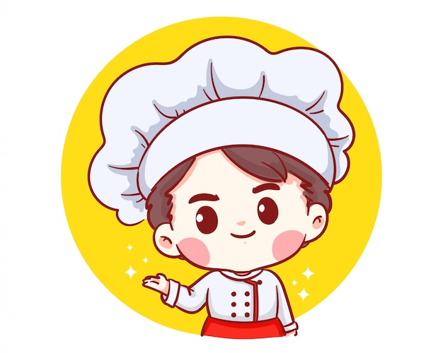 Mignon Boulanger Chef Garçon Bienvenue Souriant Dessin Animé Art Illustration Logo.