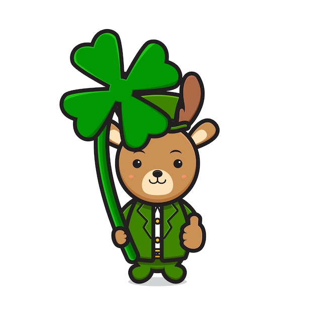 Vecteur mignon cerf lutin saint patrick jour personnage tenant trèfle dessin animé vecteur icône illustration