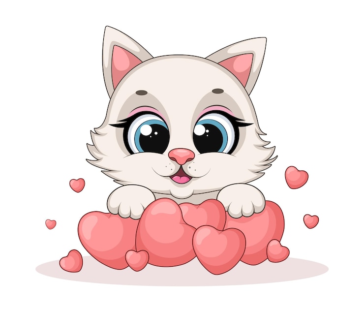 Vecteur un mignon chat blanc de dessin animé tenant des cœurs roses pour la saint-valentin