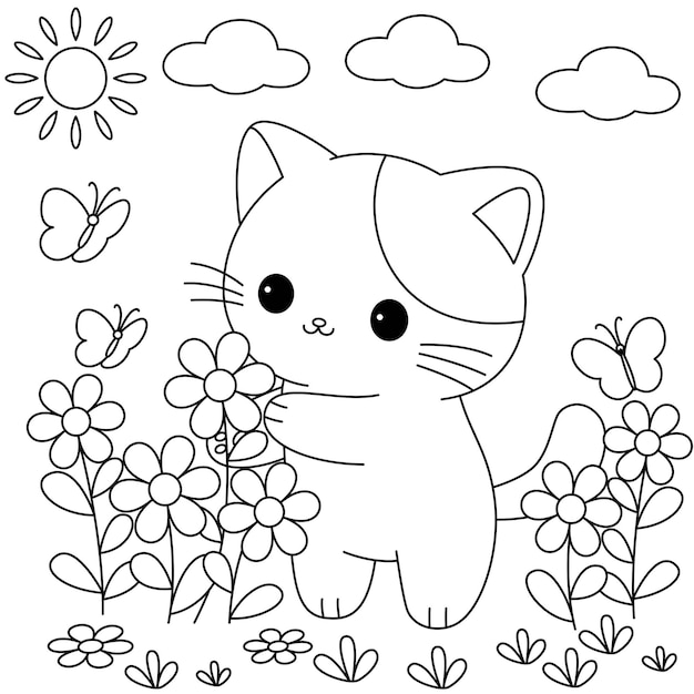 Vecteur le mignon chat cueille des fleurs dans le jardin