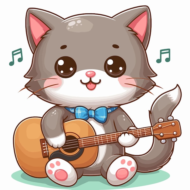 Vecteur un mignon chat jouant de la guitare vecteur de dessin animé sur fond blanc