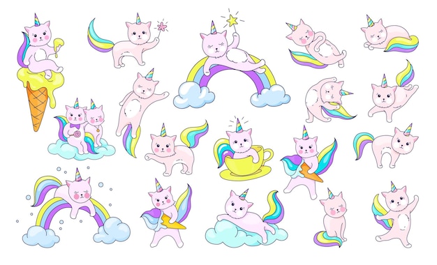 Mignon chat licorne Chats de dessin animé avec des queues et des cornes arc-en-ciel Animaux de compagnie sur les nuages Chatons se reposant et jouant Imprimés kawaii décoratifs sur fond blanc Ensemble d'animaux magiques vectoriels