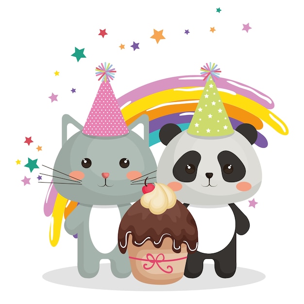 Mignon Chat Et Ours Panda Doux Kawaii Caractère Carte D'anniversaire