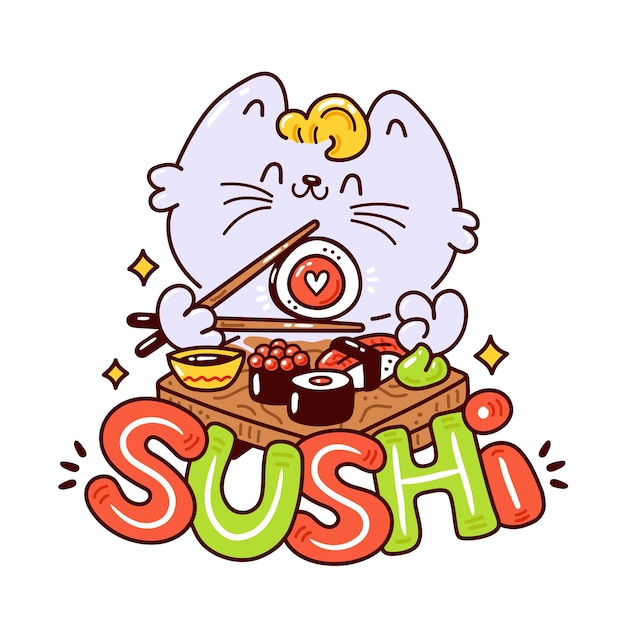 Mignon Chat Souriant Heureux Mange Le Logo De Sushi. Conception D'icône Illustration Plat Personnage De Dessin Animé. Carte De Menu De Cuisine Asiatique. Concept De Logo De Bar à Sushi. Isolé Sur Fond Blanc