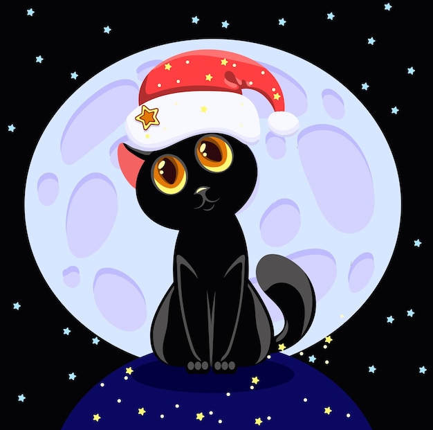 Mignon chaton noir en chapeau de père Noël sur fond de lune et d'étoiles