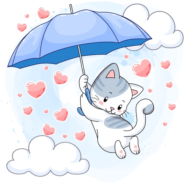 Vecteur mignon chaton tacheté suspendu à un parapluie bleu et pleuvoir des coeurs