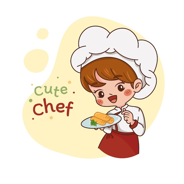 Vecteur mignon, chef, girl, cuisine, logo, caractère, dessin animé, à, nourriture