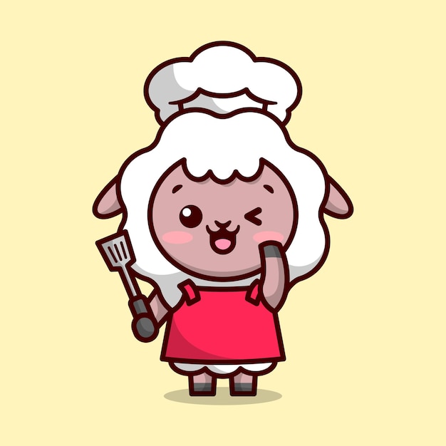 Mignon Chef De Mouton Portant Un Tablier Rouge Souriant Et Apporte Un Design De Mascotte De Cartoon De Spatule