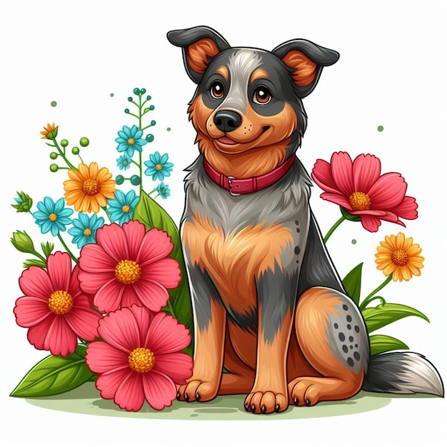 Vecteur le mignon chien de bétail australien et les fleurs illustration de dessin animé vectoriel