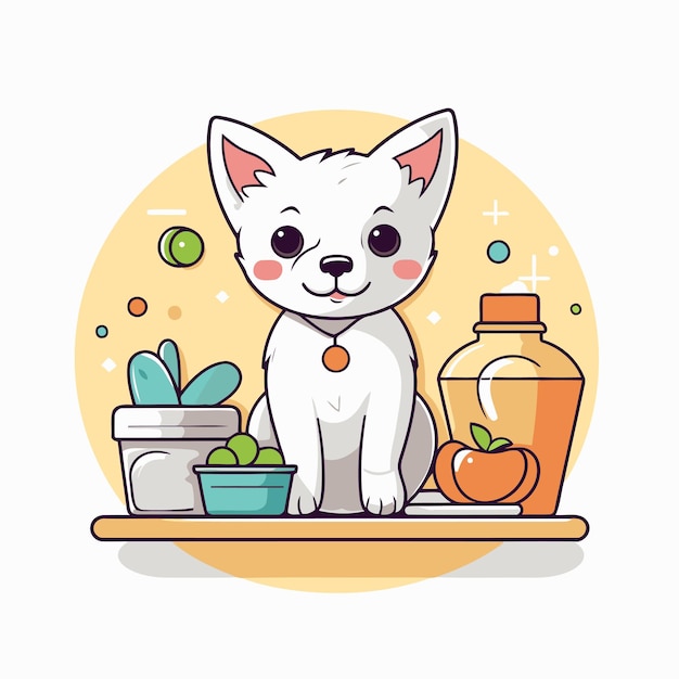 Vecteur un mignon chien de dessin animé assis sur l'étagère avec une illustration vectorielle de nourriture