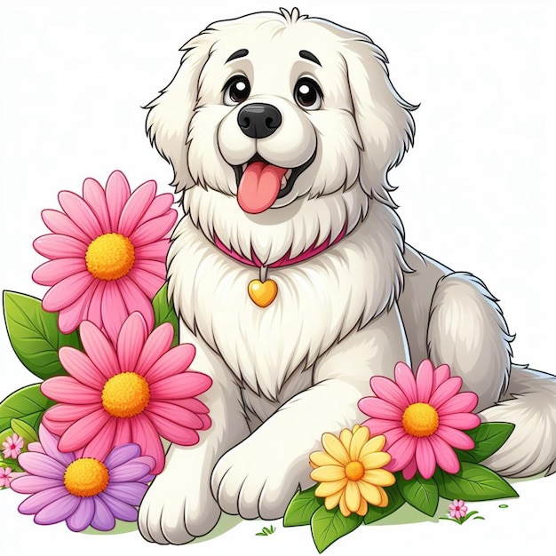 Vecteur le mignon chien des grandes pyrénées et les fleurs illustration de dessin animé vectorielle