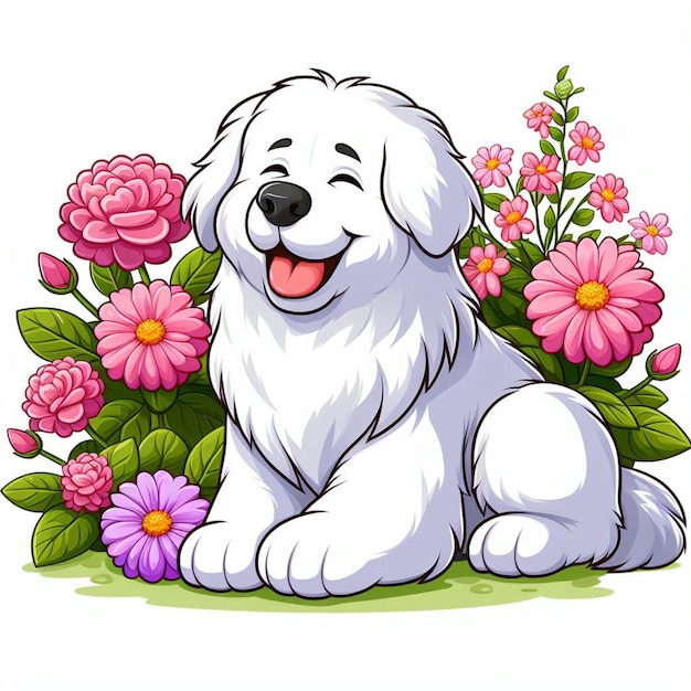 Vecteur le mignon chien des grandes pyrénées et les fleurs illustration de dessin animé vectorielle