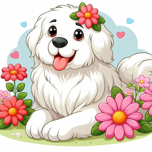 Vecteur le mignon chien des grandes pyrénées et les fleurs illustration de dessin animé vectorielle