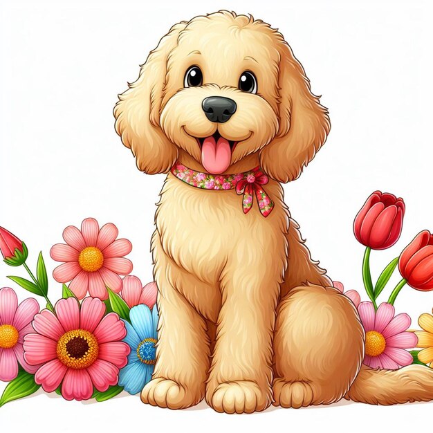 Vecteur le mignon chien labradoodle et les fleurs illustration de dessin animé vectorielle