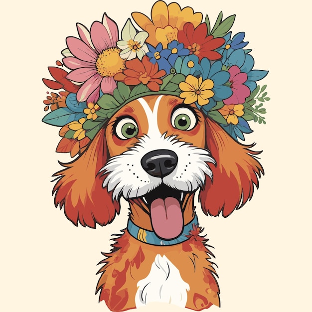 Vecteur un mignon chien portant une couronne florale et un style gravé souriant