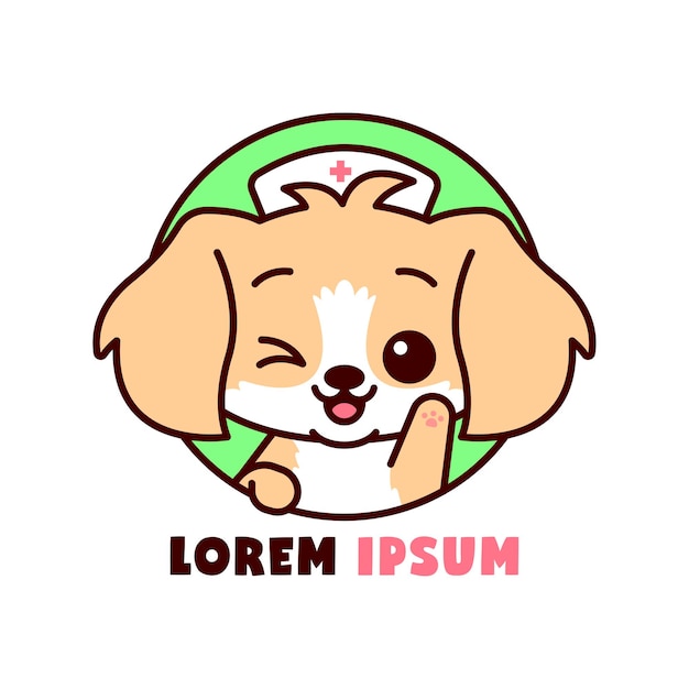 Mignon Chiot Marron Souriant Ang Portant Une Casquette D'infirmière Cartoon Logo